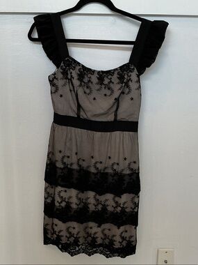 Minuet Petite Black Lace Overlay Dress with Nude Slip